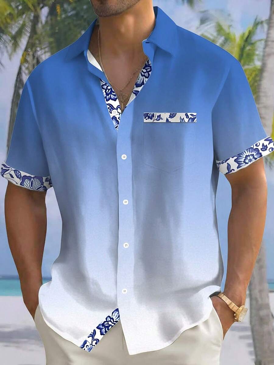 Hawaiian Floral Partial Print Button Pocket Short Sleeve Shirt For Men - Blue - View 1