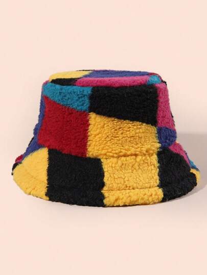 1顶男女通用撞色仿羊羔绒渔夫帽，欧美风格，保暖百搭，适合通勤和街头穿着