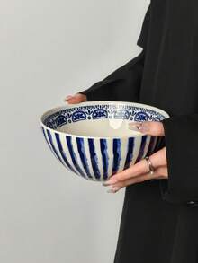 1pc Minimalist Geometric Line Pattern Ceramic Soup/Salad Bowl, Large Capacity Handpainted Line Design Dining Bowl - Multicolor - View 5