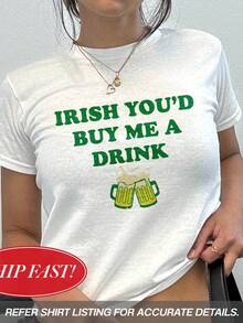 Irish You'd Buy Me A Drink , St Patrick's Day Y2K Crop Top, Funny Drinking Shirt, Gift For St Patrick's Day, Cute St Paddy's Top - trắng - Xem 4