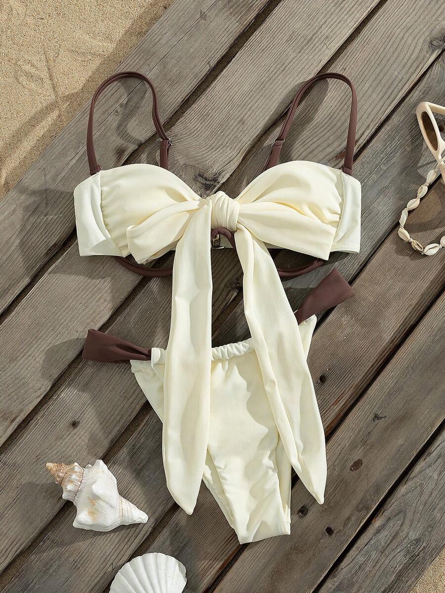 夏季女士泳装时尚比基尼套装，带钢圈聚拢胸型，蝴蝶结设计，性感泳裤，甜美可爱，休闲时尚，推荐用于海滩和泳池。度假必备。 - 彩色 - 查看 1