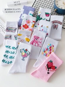 1 Pair Random College Style Women Socks, Athletic Mid-Calf Socks, Student Breathable Long Socks, Fashionable & Versatile For All Seasons - Multicolor - View 2