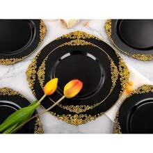 102PCS Black And Gold Plastic Plates - Black Disposable Plates - Heavyweight Disposable Plate With Gold Rim - Fancy Dinner & Dessert Plate For 51 Guests Weddings & Party - 黑色 - 查看 5