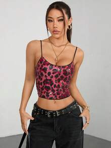 女士吊带亮片豹纹性感上衣，适合情人节假期穿着 - 玫瑰紅 - 查看 4