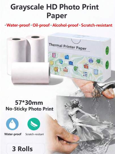 3Pcs/Box 57Mm Wide White Thermal Paper Pocket Printers And Instant Cameras Roll, Printer Thermal Paper Grayscale HD Photo Thermal Paper