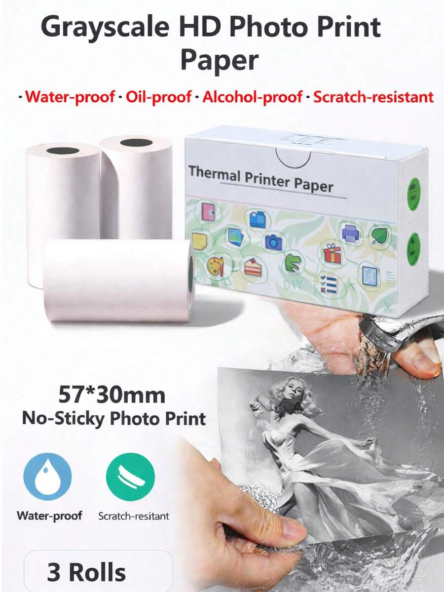 3Pcs/Box 57Mm Wide White Thermal Paper Pocket Printers And Instant Cameras Roll, Printer Thermal Paper Grayscale HD Photo Thermal Paper - Multicolor - View 1