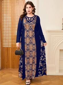 DEARCASE Gaun Wanita Ukuran Besar Motif Bunga Leher Lubang Kunci Lengan Panjang Gaya Arab Elegan untuk Liburan - Navy Blue - View 1