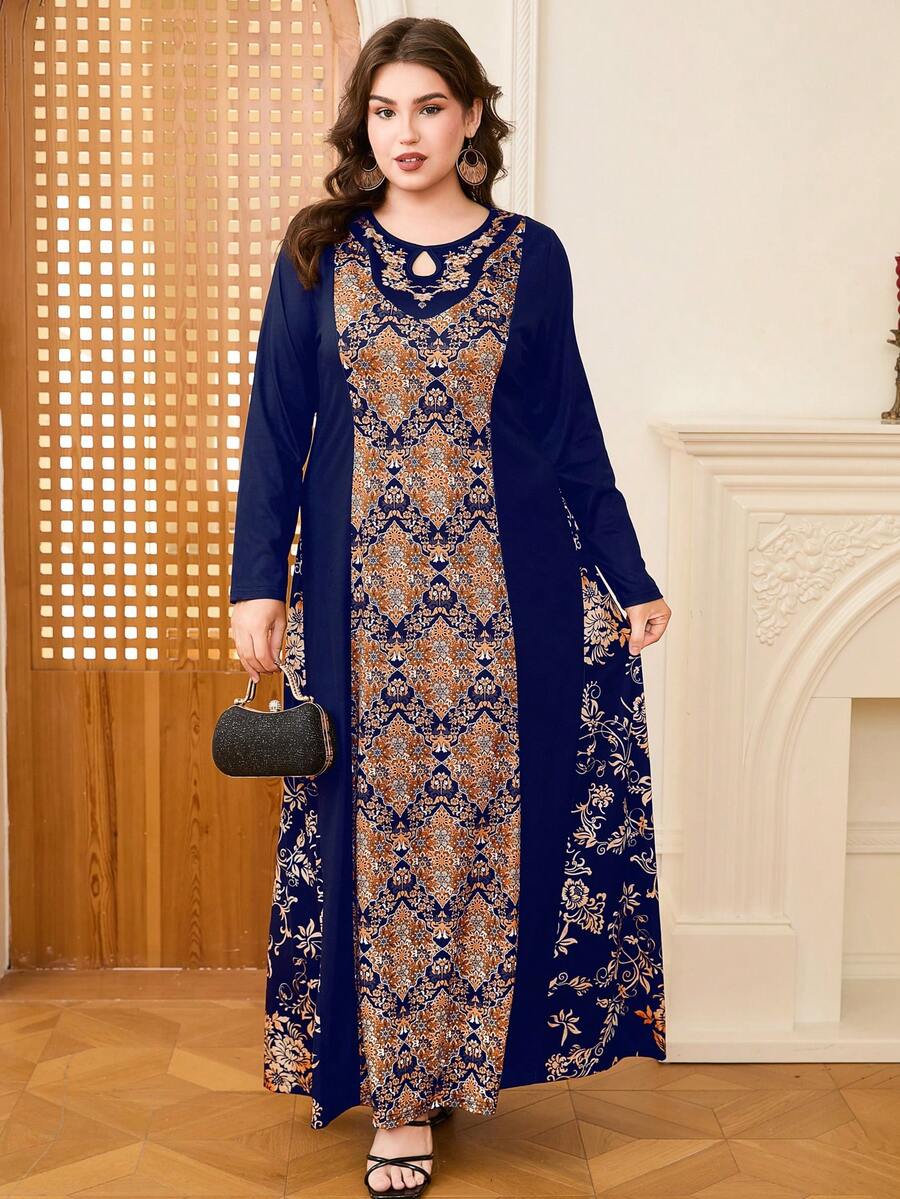 DEARCASE Gaun Wanita Ukuran Besar Motif Bunga Leher Lubang Kunci Lengan Panjang Gaya Arab Elegan untuk Liburan - Navy Blue - View 1