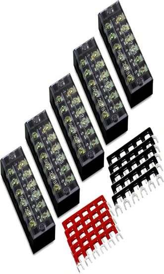 MILAPEAK Terminal Block And Strip - 5pcs 6 Positions 600V 25A Dual Row Screw Terminal Strip With Cover + 10pcs 400V 25A 6 Positions Pre-Insulated Terminal Barrier Jumper Strips Black &Amp; Red