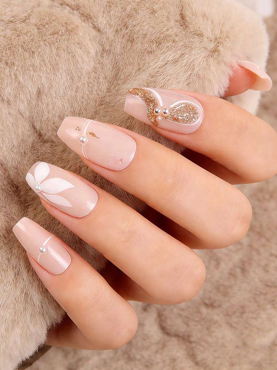 24片装法式美甲，Y2K粉色系，中号棺材型，时尚渐变，闪粉几何条纹，箔印花朵圆点3D图案，水钻光泽，可重复使用，按压式亚克力美甲，假指甲，美甲用品，附赠24片果冻贴片和迷你指甲锉。 - 粉色 - 查看 1