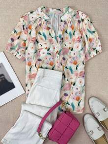 女士休闲度假V领印花褶皱纽扣喇叭袖衬衫，春夏款 - 彩色 - 查看 2