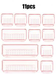 4pcs/7pcs/25pcs Dreamy Pink Drawer Storage Box Gift Set, Different Combinations Of 4pcs, 7pcs And 25pcs, Suitable For Multi-Purpose Drawer Storage, Cosmetic Storage Boxes In Bathroom, Vanity, Bedroom, Kitchen And Office; PET Transparent Desktop Storage Boxes,Room Decor - Pink - View 9