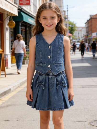 2pcs/Set Toddler Girls' Casual Vintage Outdoor Daily Fashion Vest + Fashionable Butterfly Decor Washed Denim Pleated Skirt Outfit
