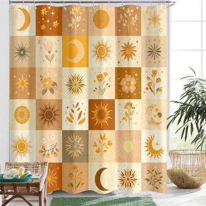 1件复古日月星空网格浴帘，日月植物网格拼接浴帘，适用于各种房间装饰隔断，通用浴室装饰浴帘，浴缸帘