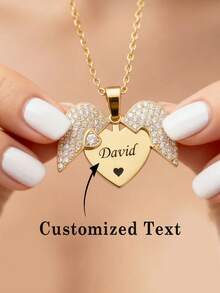 1pc Heart-Shaped Wings Necklace, Angel Wings Necklace, Memorial Wings Necklace, Personalized Angel Wings Necklace, Hidden Message Heart Pendant, Made Of Pure Silver - Multicolor - View 2