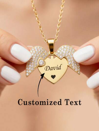 1 pieza Collar con colgante de alas con forma de corazón, collar de alas de ángel, collar conmemorativo de alas, collar personalizado de alas de ángel, colgante de corazón con mensaje oculto, hecho de plata pura