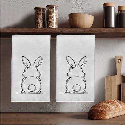 2 minimalistyczne, czarne, liniowe, wzór sylwetki królika, ściereczki kuchenne, 40*60 cm, miękkie ściereczki z mikrofibry, odpowiednie do domu, kuchni, restauracji, na kemping, do czyszczenia blatów, mycia naczyń, na prezent wielkanocny