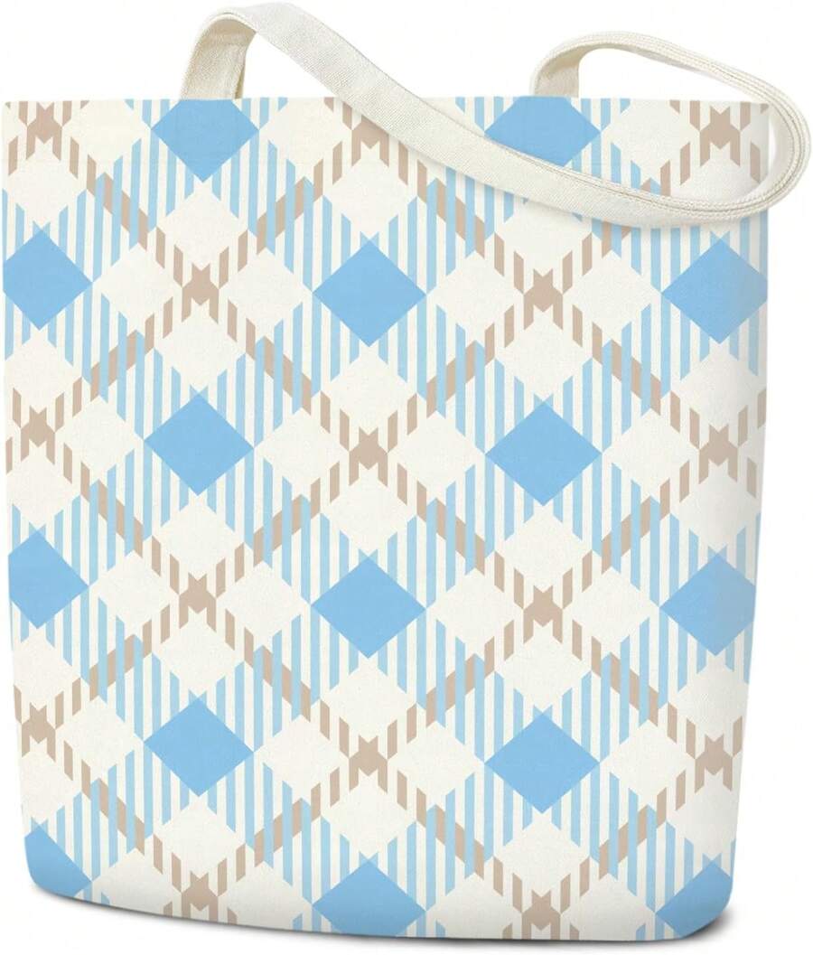 Euuztu Canvas Tote Bag Women, Aesthetic Shopping Bag Foldable Bag Reusable Tote Bag, Gifts Friends - 復古藍條紋 - 查看 1