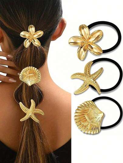 Metal Texture Hair Ties, Suitable For Thick Hair, Elegant Geometric Design, Gold Elastic Ponytail Hair Ties, Minimalist High-End Cool Metal Hair Ties, Ponytail Elastic Hair Ties, Ocean Pattern Style, Hair Styling, Minimalist Hair Tie, Elegant Design, High-Quality Hair Ties, Solution For Thick Hair, Essential For Fashionable Women
