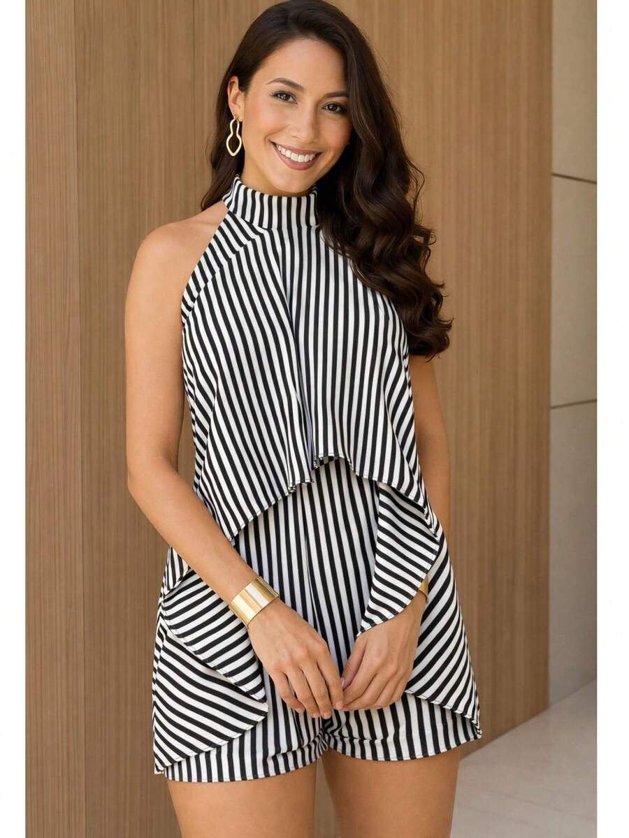 Elegant Women's Jumpsuit, One-Piece Design, Tie Neckline, Open Back, Duna Fabric, Summer Fashion Romper - 黑色條紋 - 查看 1