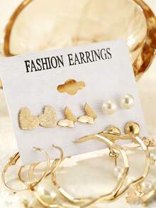 6对可爱蝴蝶心形仿珍珠耳环套装，优雅简约耳钉和耳环组合，适合日常佩戴，是馈赠佳品。 - 6對耳環 - 查看 3