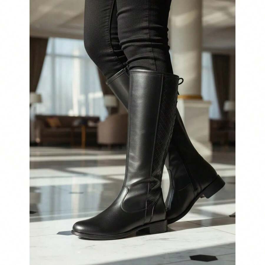 Women's Elegant Riding Boot, High Shaft, Lace-Up, Side Zipper, Soft And Comfortable, New Winter Collection - 黑色 - 查看 1