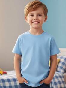 Baby Blue Cotton Short-Sleeved Comfortable T-Shirt For Boys - 淺藍色 - 查看 1