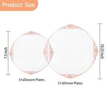 102PCS Rose Gold Plastic Plates - Clear Rose Gold Plate - Heavy Duty Disposable Plates - Fancy Disposable Dinner & Dessert Plate For 51 Guests For Party & Wedding & Valentines - 清玫瑰 - 查看 3