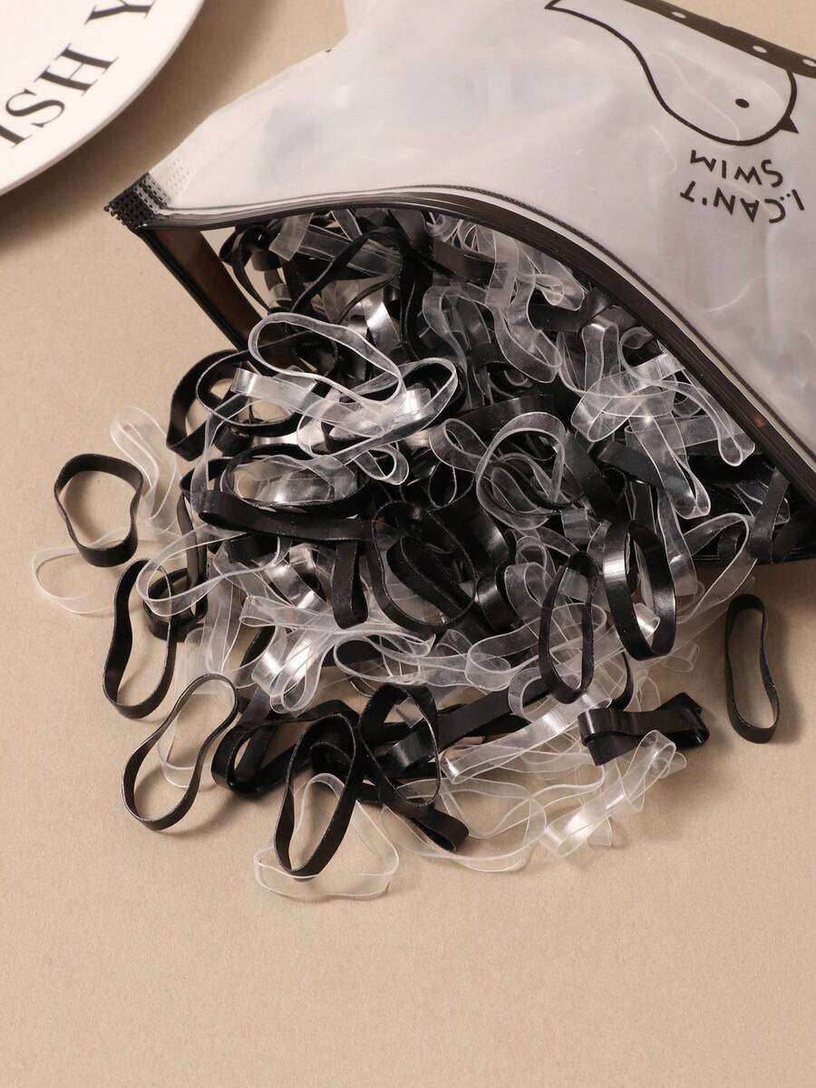 500入/包 女用高彈性一次性髮圈,加粗加寬,黑色與彩色,成人不傷髮一次性髮圈,髮飾配件 - 黑+透明 - 查看 1