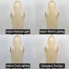 Dress Up Style 26英寸女士金色直发假发，13x4耳到耳高清蕾丝前假发，预先拔毛并结实打结，短款波波头直发，180%高密度高温丝合成混纺真人发，带婴儿发，浅金色613# - S613 - 查看 9