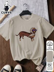 大码女式休闲腊肠犬印花100%纯棉短袖上衣，图案T恤，柔软面料，棉质服装，户外穿着，印花图案，夏季T恤，女式T恤，衬衫，夏季上衣，度假装，旅行风格，海滩风，简约度假装 - 灰色 - 查看 1