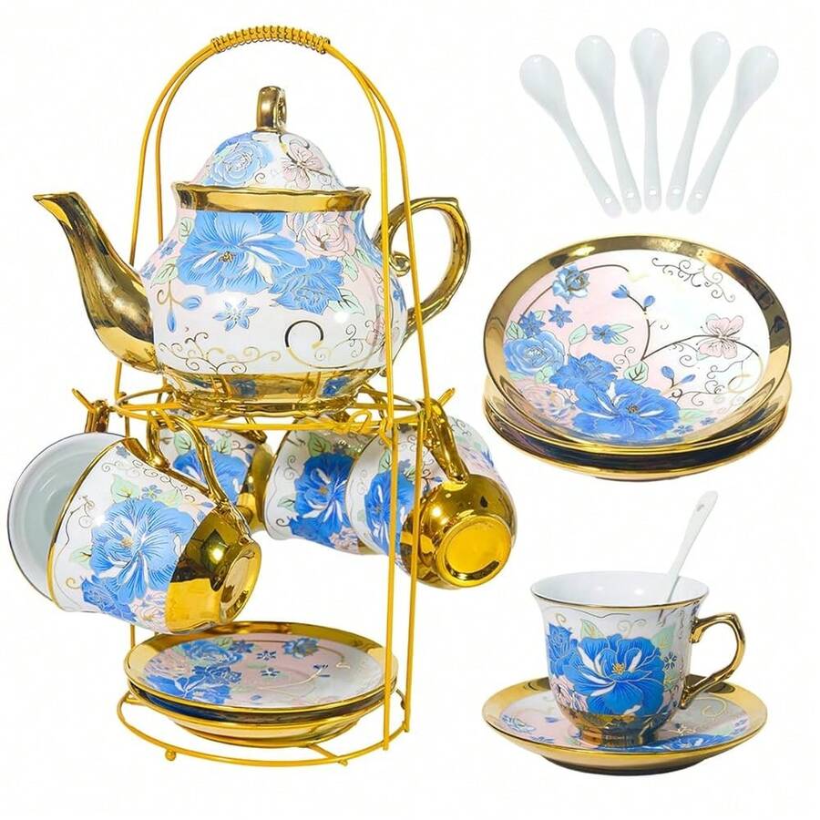 Gold Plated Red Rose Ceramic Tea Set, Vintage Tea Sets With Teapot, Beautiful Tea Set Coffee Serving 6 People (Blue Rose, Large) - BlueRose - View 1