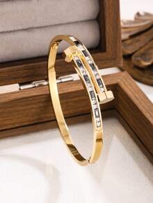 1 Pc Soft And Bright Colored Pattern Stacked Bracelet: Multi-Color Inlaid + Northern Dream Style | Layered Details On The Wrist, Lightweight And Luxurious, Eye-Catching | Suitable For Pairing With Lightweight And Mature Outfits, Easily Exuding A Luxurious Aura - Yellow Gold - View 9