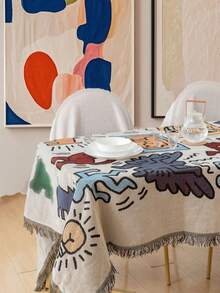 Bohemian Style Keith Haring Graffiti Blanket, Soft Cotton Woven Blanket With Tassels, Modern Art Decorative Blanket For Living Room & Bedroom - A - View 6