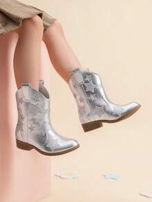 Girls Cowgirl Boots Mid Calf Glitter Cowboy Western Boots Toddler Girls Star Riding Shoes - 銀色 - 查看 5
