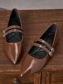 女士时尚棕色尖头套脚鞋，适合通勤、办公、派对、约会、婚礼、新年、情人节等场合，休闲百搭，优雅玛丽珍鞋款，双扣带设计，春季新品上市 - 棕色 - 查看 2