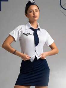 新款派對空服員/警察角色扮演海軍制服4件套（帽子、領帶、襯衫、裙子），情人節、聖誕夜店表演女裝扮套裝 - 白色 - 查看 4