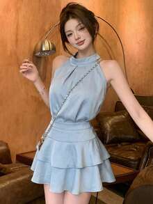 女士夏季无袖吊带背心和荷叶边蛋糕裙两件套 - 藍色兩件套裝 - 查看 4