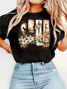 Easter Gift Women's Elegant Style Short Sleeve Easter Religious Theme Printed Pattern Round Neck Women's Comfortable Soft Breathable New Spring Summer T-Shirt Gift, Fashionable Commuting Vacation Daily Versatile Retro Casual Style Top New Casual T-Shirts For Men And Women 2026 - 黑色 - 查看 1