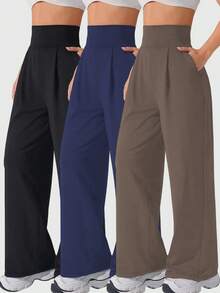 3-Piece Pantalones Deportivos De Pierna Ancha Con Bolsillos Plisados Y Cintura Alta De Color Sólido Para Mujer Con Diseño De Pierna Ancha, Con Bolsillos, Pantalones Casuales De Cintura Alta Y Pierna Ancha Para Ejercicio Cómodos, A Menudo Casuales En Primavera, Otoño E Invierno. - 彩色 - 查看 9