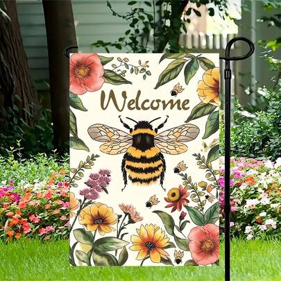 1 قطعة علم حديقة 2D مزين بتصميم النحلة والزهرة، لافتة ترحيب للحديقة الخارجية، من مادة البوليستر، مناسب لديكور حديقة الربيع/الصيف، علم فقط