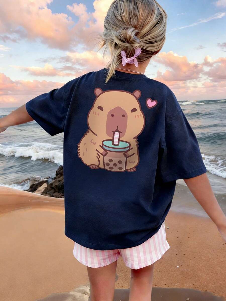 Girls & Teens' Casual Printed Dark Grey Crew Neck Short Sleeve T-Shirt, Summer Top - Navy Blue - View 1