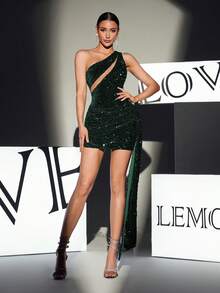 Women's Sexy Olive Green One-Shoulder Sequin Tassel Cocktail Party Dress Wedding Spring - Dark Green - View 3
