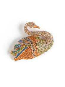 Vintage Distressed Copper Plated 18K Gold Holiday Women's Accessory, Colorful Feather Swan Rhinestone Glass Brooch Pin, Scarf Clip - Bronze - View 10