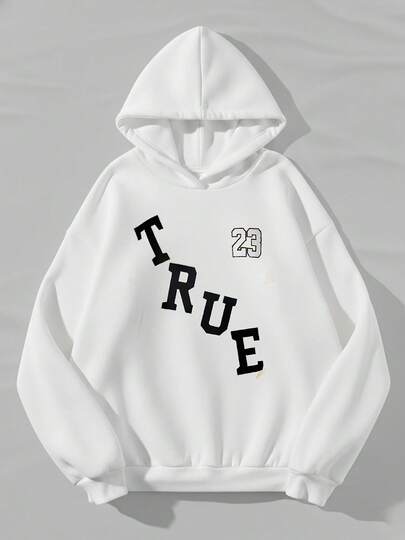 Hoodie, True 23 Graphic Print, Long Sleeve Tops, Casual, Streetwear, Everyday Style