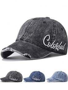 1pc Unisex Baseball Cap With Embroidered English Letter, Distressed Denim Soft Crown Curved Brim Hat - Multicolor - View 1