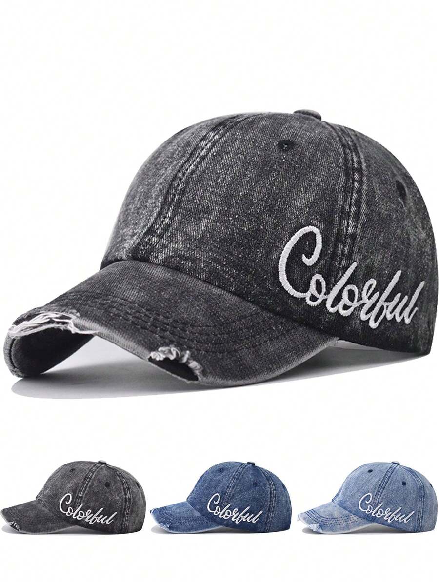 1pc Unisex Baseball Cap With Embroidered English Letter, Distressed Denim Soft Crown Curved Brim Hat - Multicolor - View 1