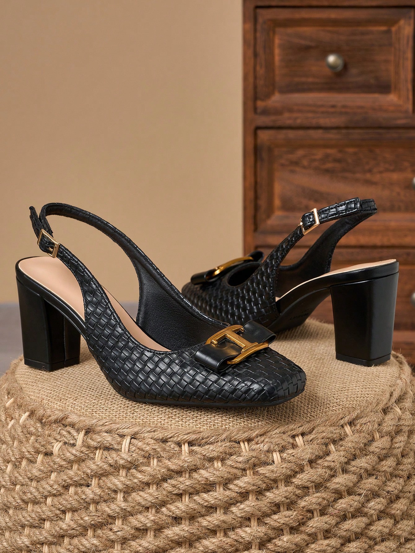 WHDXY صندل ذو كعب سميك مربع الأصبع بنسيج مُنسوج أن...