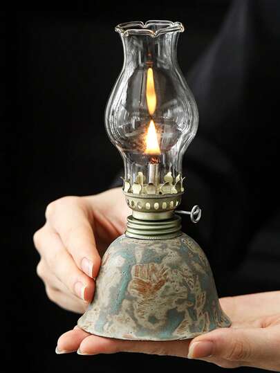 1pc Ceramic Kiln-Fired Glaze Oil Lamp With Handle And Lampshade, Adjustable Wick Camping Fuel Lamp, Indoor Ceramic Oil Lamp Candle Holder, Kerosene Lamp With Wick, Oil Lamp/Hurricane Lamp With Flame Control Knob