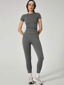 TimeOff 1 Conjunto de Mujer de Cuello Redondo de Manga Corta, Leggings Elásticos de Cintura Alta sin Costuras y Camiseta Deportiva de Verano - Gris - Ver 8